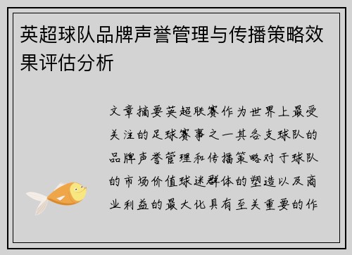 英超球队品牌声誉管理与传播策略效果评估分析 英超球队品牌声誉管理与传播策略效果评估分析